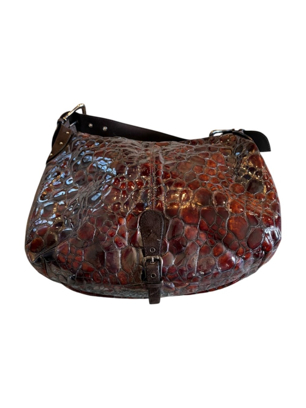 Donald J Pliner Brown Croc Embossed Leather Suede Shoulder Bag - Picture 3 of 12